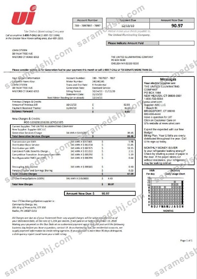 USA Connecticut The United Illuminating Company electricity utility bill template in Word and PDF format